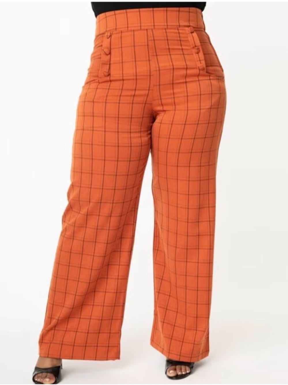 Unique Vino Sz 3X/20 High-Waist Wide-Leg Plaid Pants Orange polyester windowpane